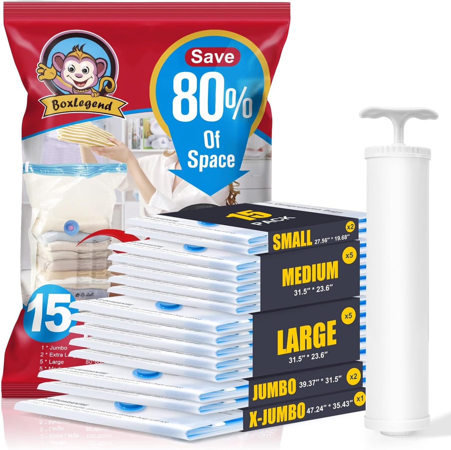 BoxLegend Vacuum Storage Bags with Electric Pump 26 Combo Thickened Vacuum Seal Bags for Clothing Space Saving for Coat Quilt Blanket Pillow Comforters