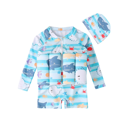 Child Girl Boy Short Sleeve One Piece Floation Swimsuit+Cap Buoyancy Swimwear, 2-6T