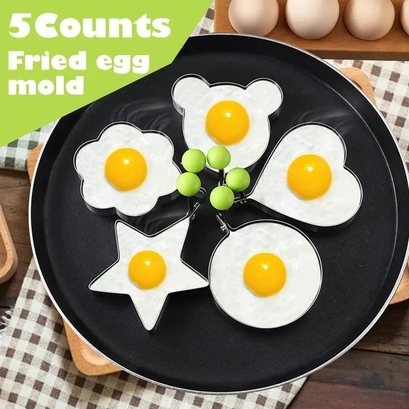 5Pcs Egg Ring Mold, Stainless Steel Fried Egg Shaper with Anti-Scald Handle, Cute Heart/Star/Bear/Flower/Round Pancake Molds for Breakfast, Non-Stick Egg Cooker Rings for Kids - YY