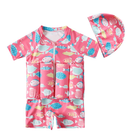 Child Girl Boy Short Sleeve One Piece Floation Swimsuit+Cap Buoyancy Swimwear, 2-6T