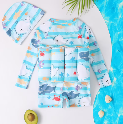 Child Girl Boy Short Sleeve One Piece Floation Swimsuit+Cap Buoyancy Swimwear, 2-6T