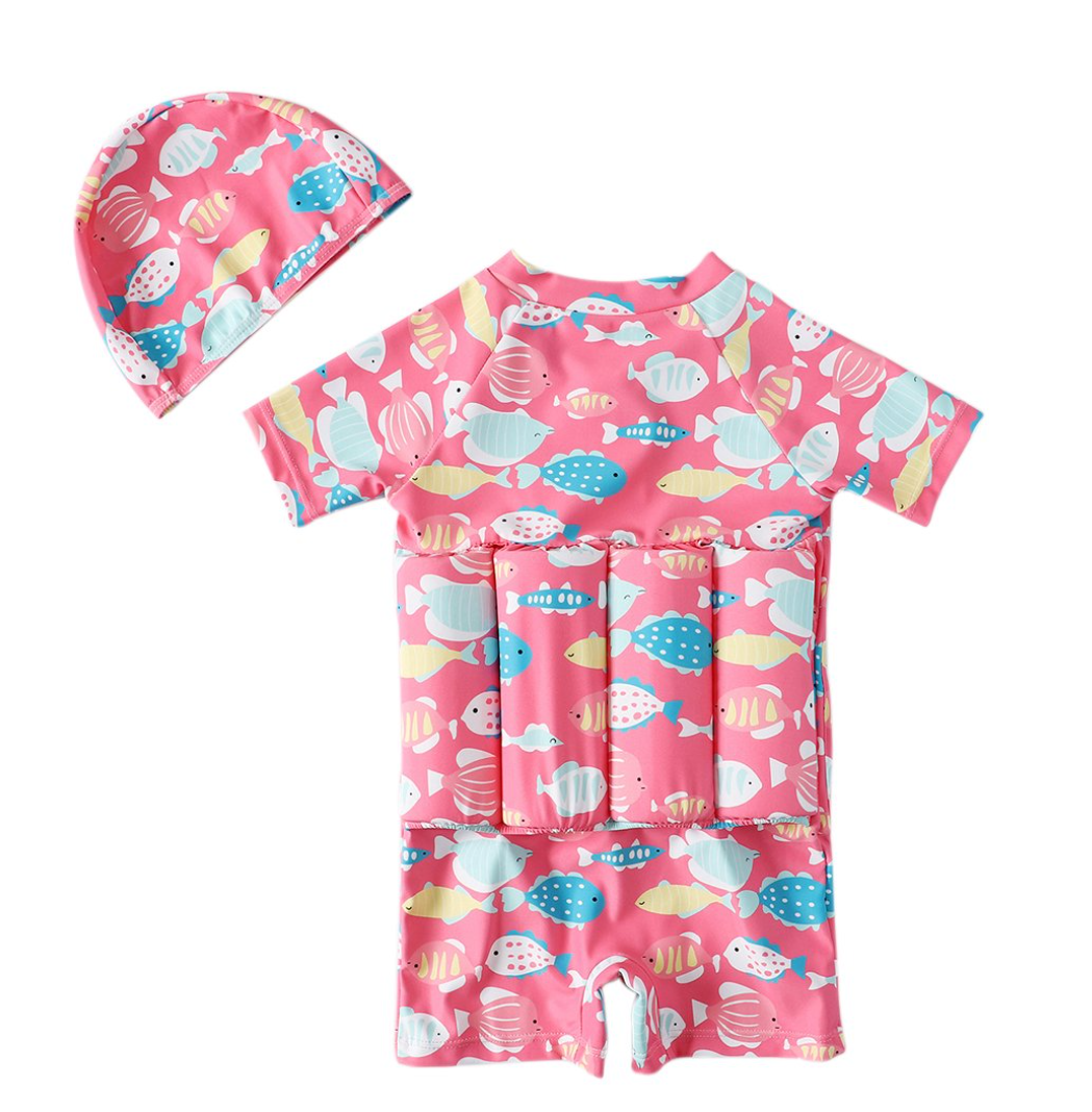 Child Girl Boy Short Sleeve One Piece Floation Swimsuit+Cap Buoyancy Swimwear, 2-6T