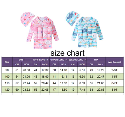 Child Girl Boy Short Sleeve One Piece Floation Swimsuit+Cap Buoyancy Swimwear, 2-6T