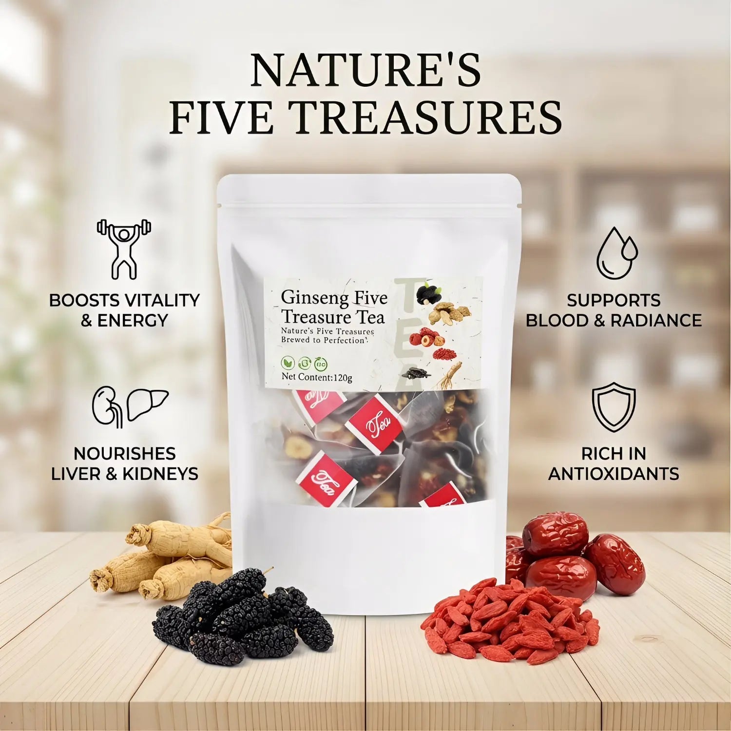 80 bags Kidney Tea Formula | Ginseng Five Treasure Tea | Red Date Wolfberry Mulberry Herbal Health Tea for Men — ZY