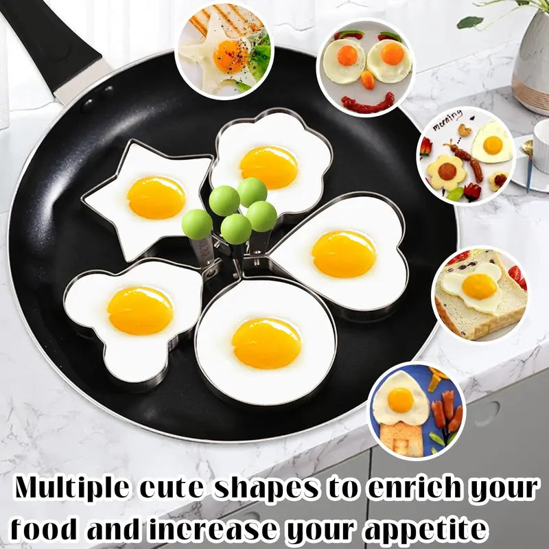 5Pcs Egg Ring Mold, Stainless Steel Fried Egg Shaper with Anti-Scald Handle, Cute Heart/Star/Bear/Flower/Round Pancake Molds for Breakfast, Non-Stick Egg Cooker Rings for Kids - YY