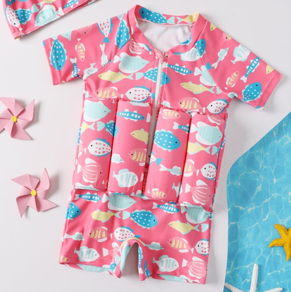 Child Girl Boy Short Sleeve One Piece Floation Swimsuit+Cap Buoyancy Swimwear, 2-6T