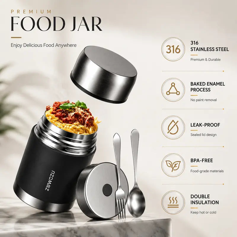 ZUWOZU Vacuum Insulated Food Jar — Wide Mouth Leak-Proof Soup Container with Spoon & Fork, 316 Stainless Steel Thermal Lunch Box for Hot & Cold Food