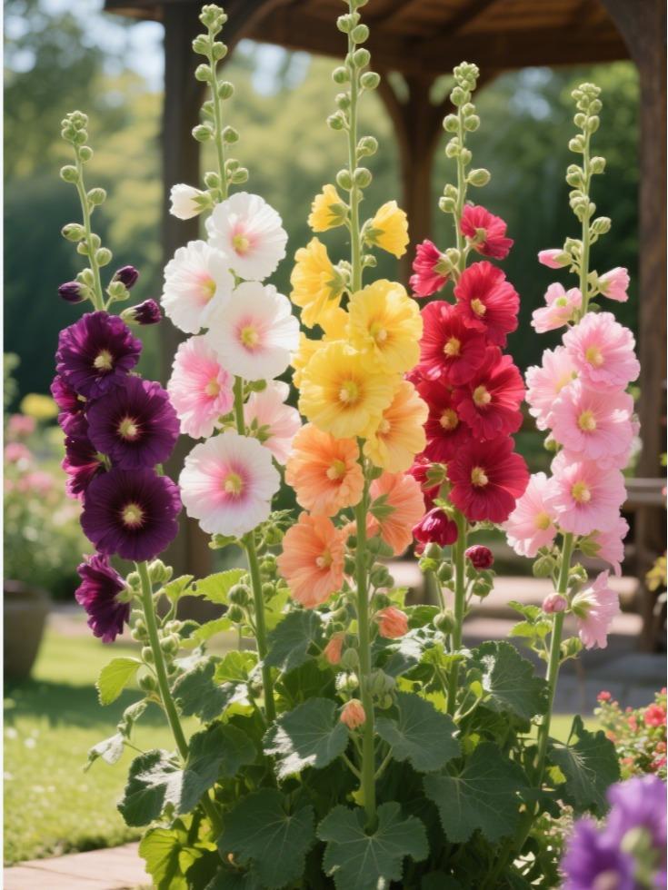 [Germinate or Refund Promise] 500pcs Double Hollyhock 'Radiant Rose' Mixed Color Seeds, Non-GMO Heirloom Hardy Biennial Full Sun Plants, Colorful Blooms for Outdoor Garden Backdrops & Flower Pots, Attracts Pollinators Bees Butterflies Hummingbirds