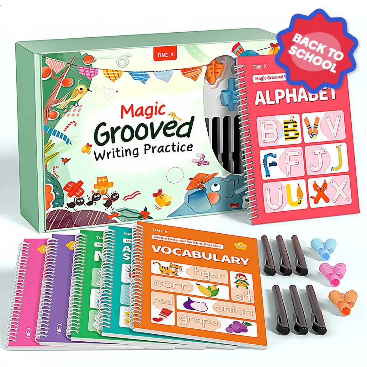 TIMETOME Reusable Grooved Handwriting Workbook for Kids – 6 Books Set, Math, Words & Drawing | Magic Disappearing Ink Practice Notebook, School Supplies Gift