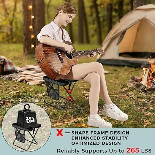 12" Portable Collapsible Stool - Folding Chair with Storage Pouch, Convertible Satchel for Hands-Free Carry & Supports 265Lbs, Ultralight for Hiking, Fishing, Camping, Festivals