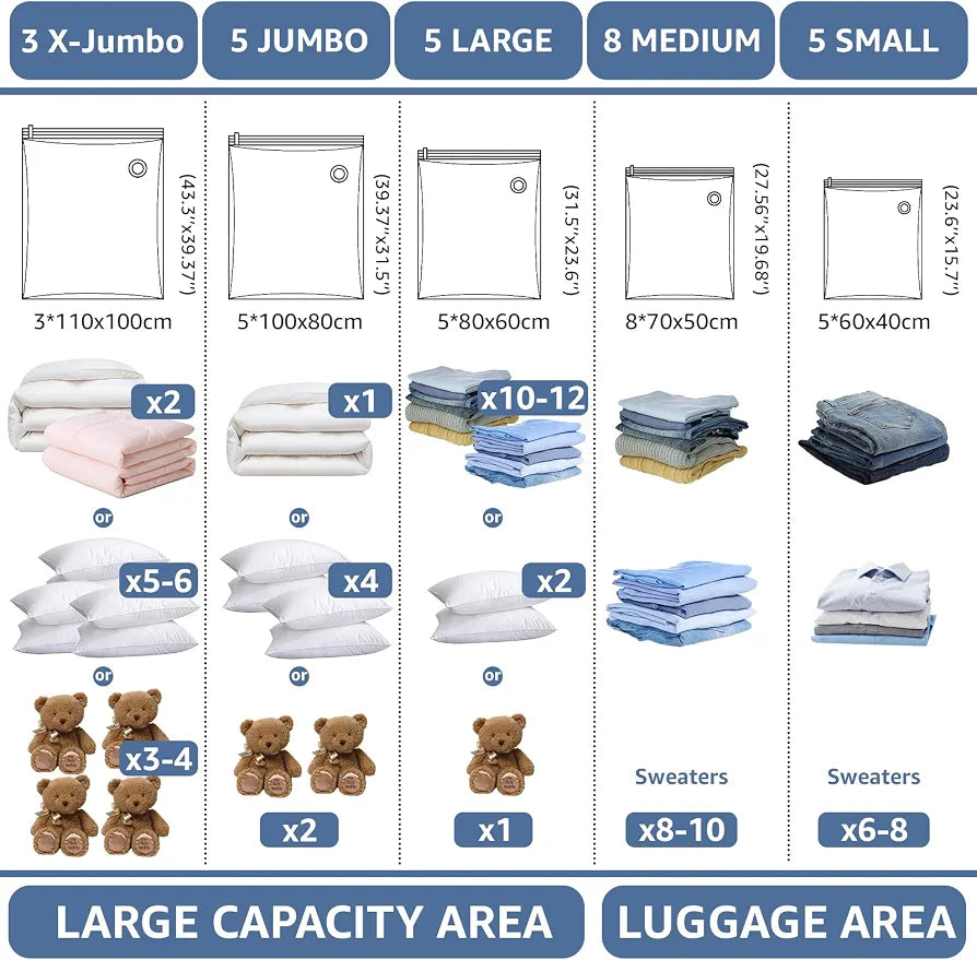 BoxLegend Vacuum Storage Bags with Electric Pump 26 Combo  Thickened Vacuum Seal Bags for Clothing Space Saving for Coat Quilt Blanket Pillow Comforters