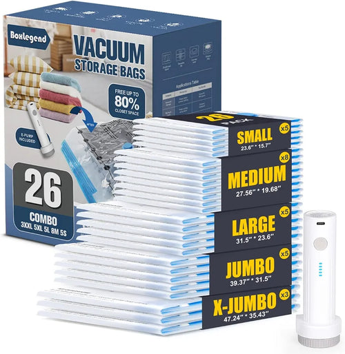 BoxLegend Vacuum Storage Bags with Electric Pump 26 Combo  Thickened Vacuum Seal Bags for Clothing Space Saving for Coat Quilt Blanket Pillow Comforters
