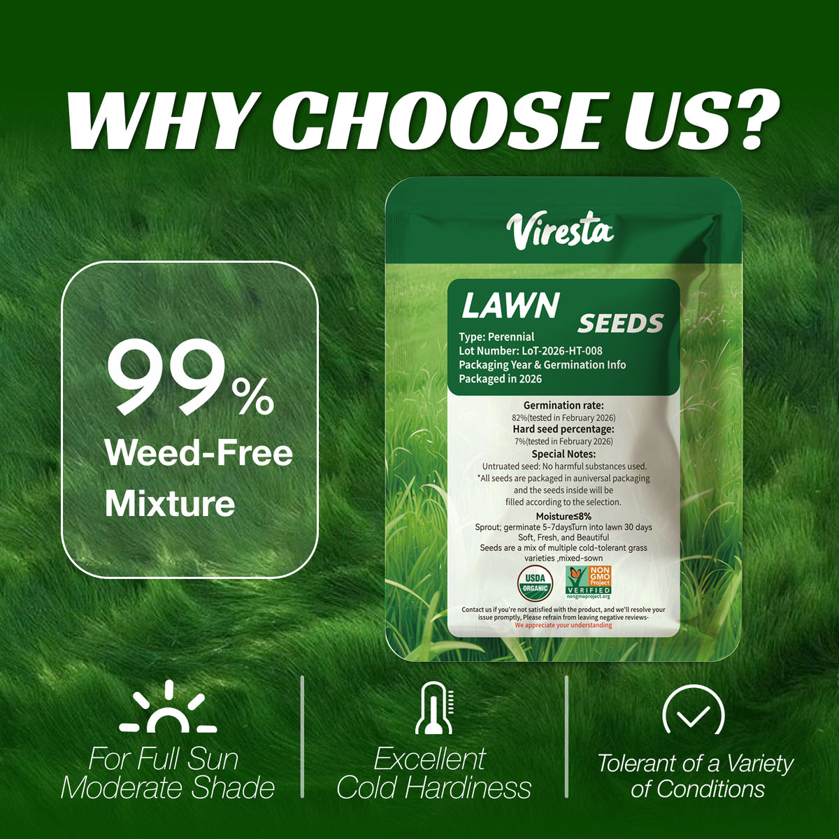 VIRESTA Cold-Hardy Fall Turf Grass Seeds Mix, Cool-Season Lawn Seed Blend with Ryegrass & Kentucky Bluegrass, Fast Germination, Frost Resistant for Overseeding & Lawn Repair (Full Sun/Shade Compatibility), Kentucky Bluegrass Grass