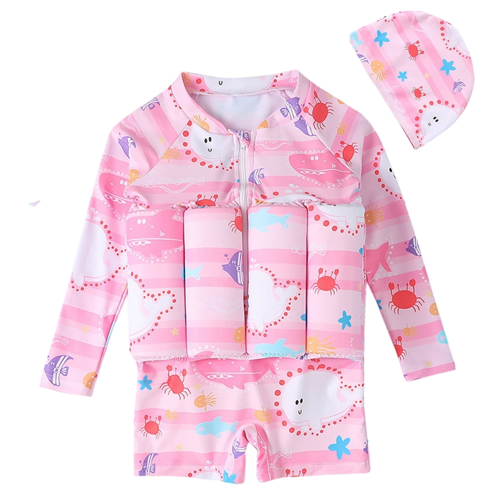 Child Girl Boy Short Sleeve One Piece Floation Swimsuit+Cap Buoyancy Swimwear, 2-6T
