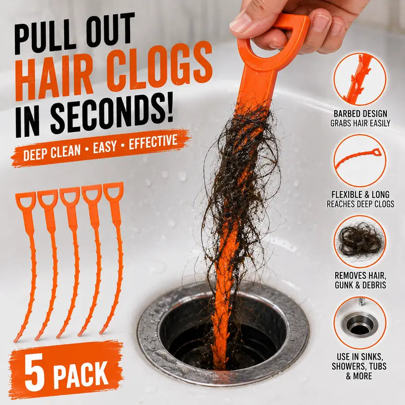 Drain Snake Hair Clog Remover – 5 Pack, 20-Inch Flexible Drain Cleaner Tool