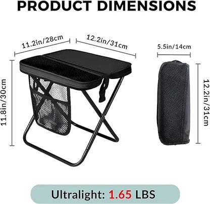 12" Portable Collapsible Stool - Folding Chair with Storage Pouch, Convertible Satchel for Hands-Free Carry & Supports 265Lbs, Ultralight for Hiking, Fishing, Camping, Festivals