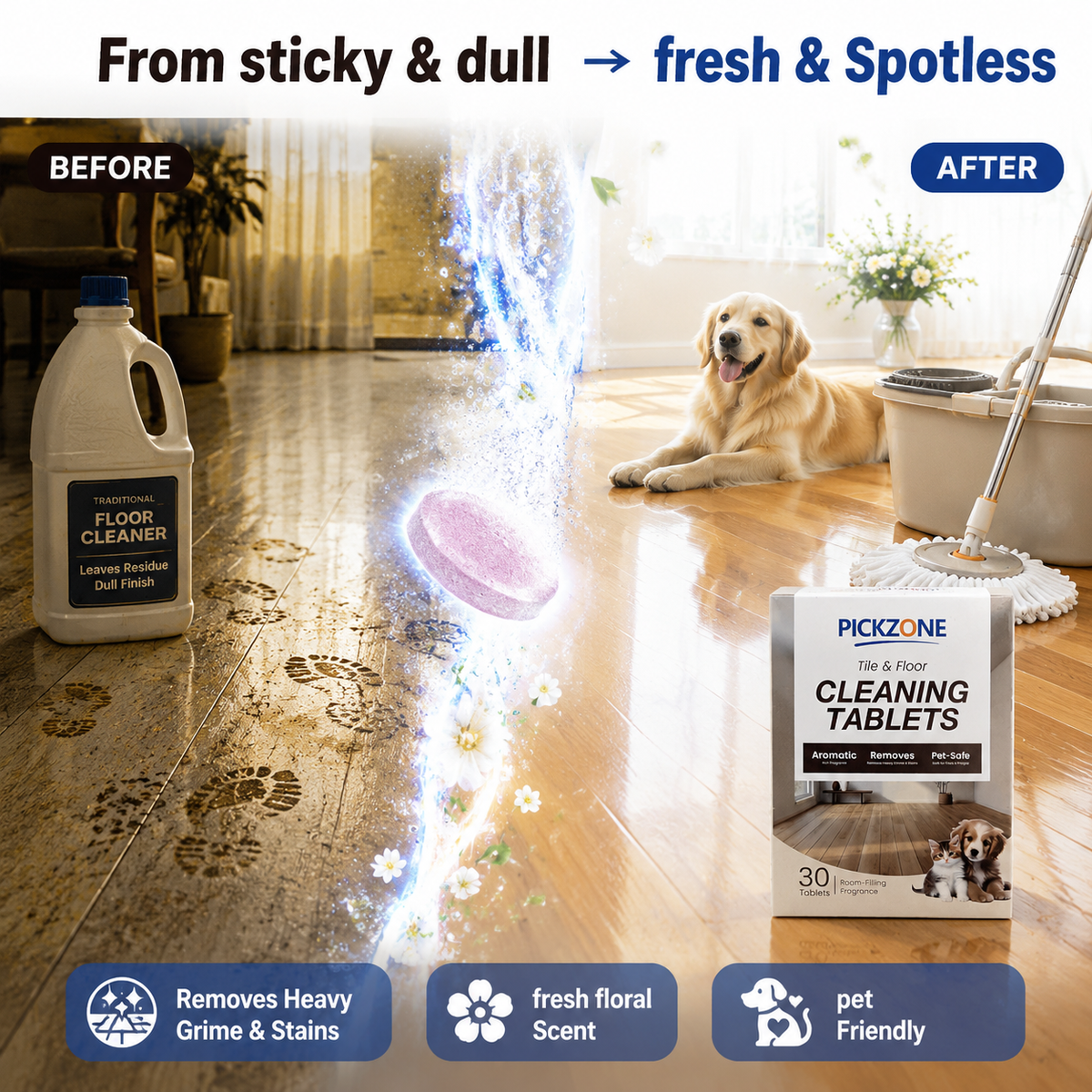 PICKZONE Tile & Floor Cleaning Tablets, 30 Count