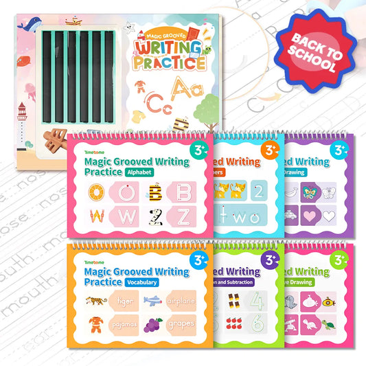 TIMETOME Reusable Grooved Handwriting Workbook for Kids – 6 Books Set, Math, Words & Drawing | Magic Disappearing Ink Practice Notebook, School Supplies Gift
