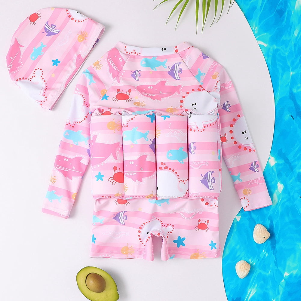 Child Girl Boy Short Sleeve One Piece Floation Swimsuit+Cap Buoyancy Swimwear, 2-6T
