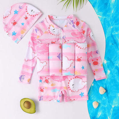 Child Girl Boy Short Sleeve One Piece Floation Swimsuit+Cap Buoyancy Swimwear, 2-6T